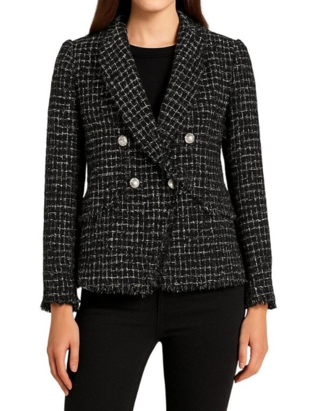Frayed Hem Black Tweed Double Breasted Jacket Blazer XS NWT Rachel Zoe